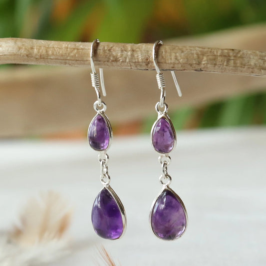 Boucles d'oreilles longues en argent et améthyste - Petite Rainette