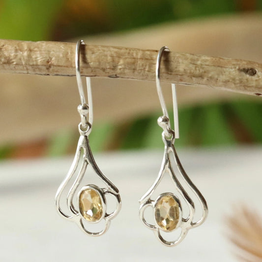 Boucles d'oreilles fleur longues en argent et citrine