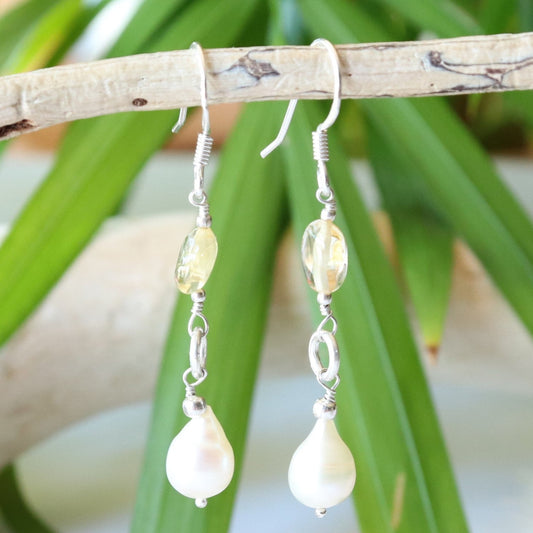 Boucles longues argent en citrine et perle d'eau douce 