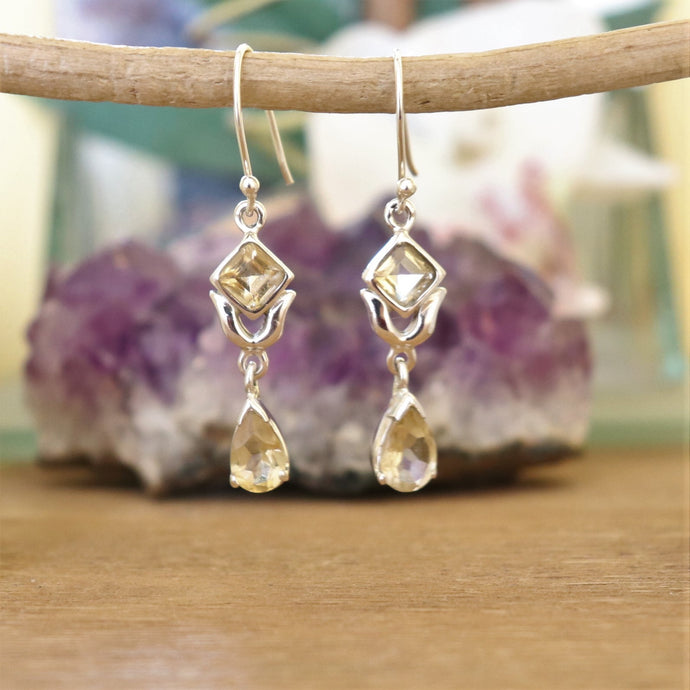 Boucles d'oreilles longues en argent et citrine - Petite Rainette