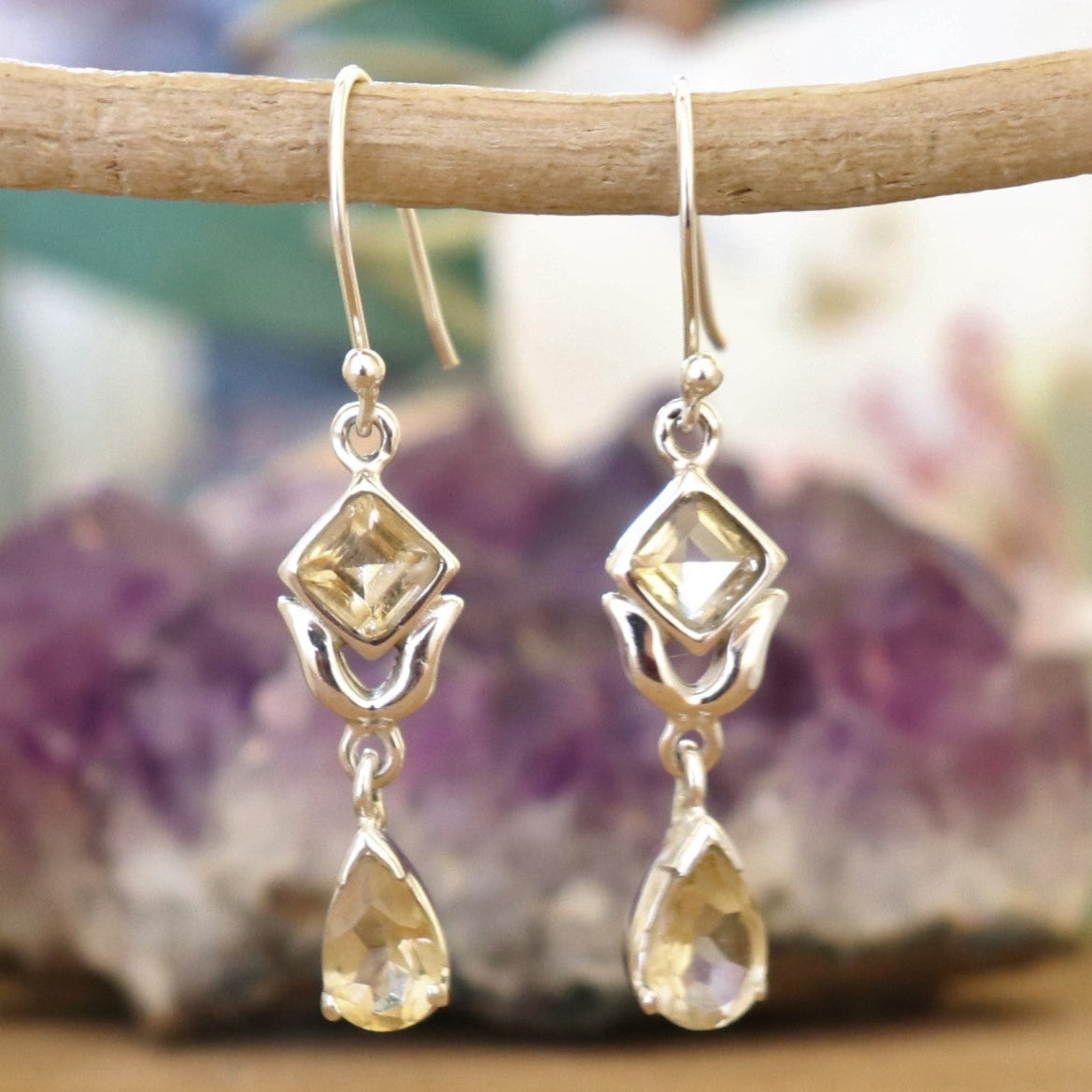Boucles d'oreilles longues en argent et citrine - Petite Rainette