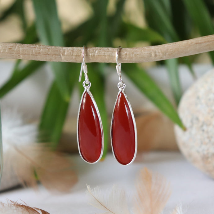 Boucles d'oreilles longues en argent et cornaline - Bijoux Cailloux Bambou