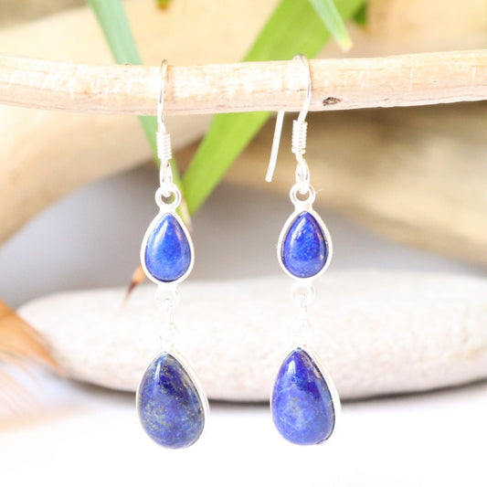 Boucles d'oreilles longues en argent et lapis lazuli - Petite Rainette