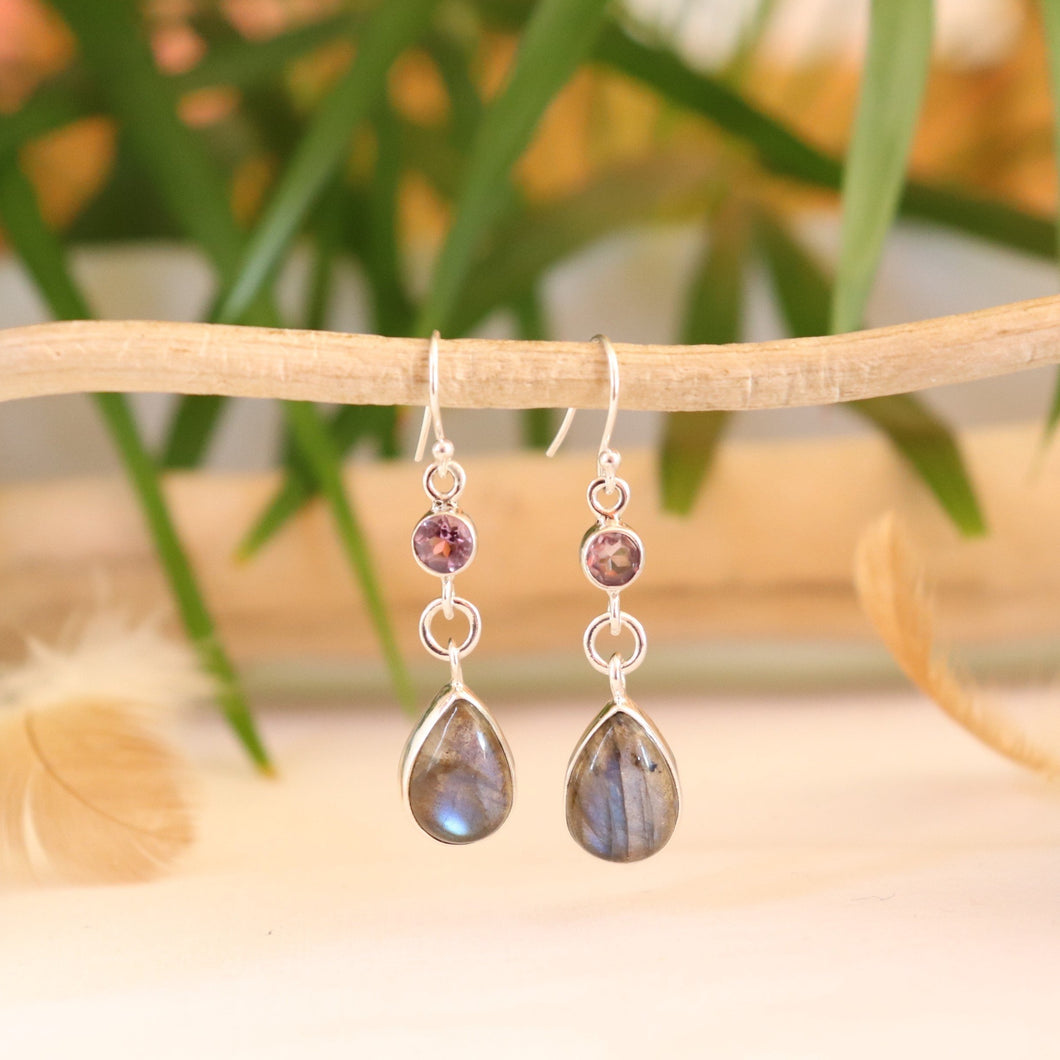 Boucles d'oreilles longues en argent labradorite et améthyste