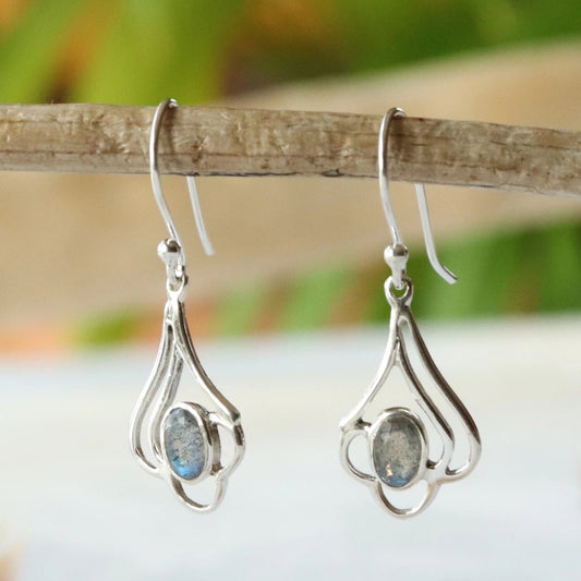 Boucles d'oreilles fleur longues en argent et labradorite - Petite Rainette