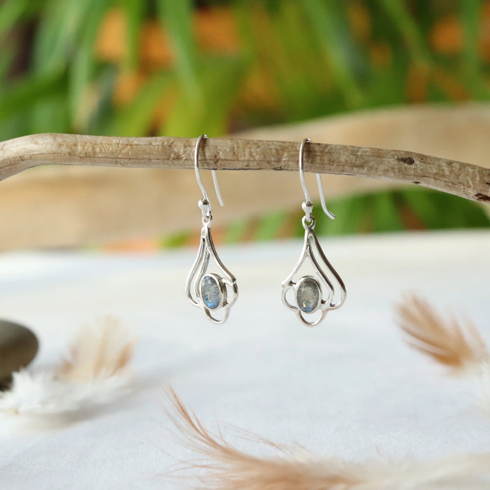 Boucles d'oreilles longues en argent et labradorite - Bijoux Cailloux Bambou