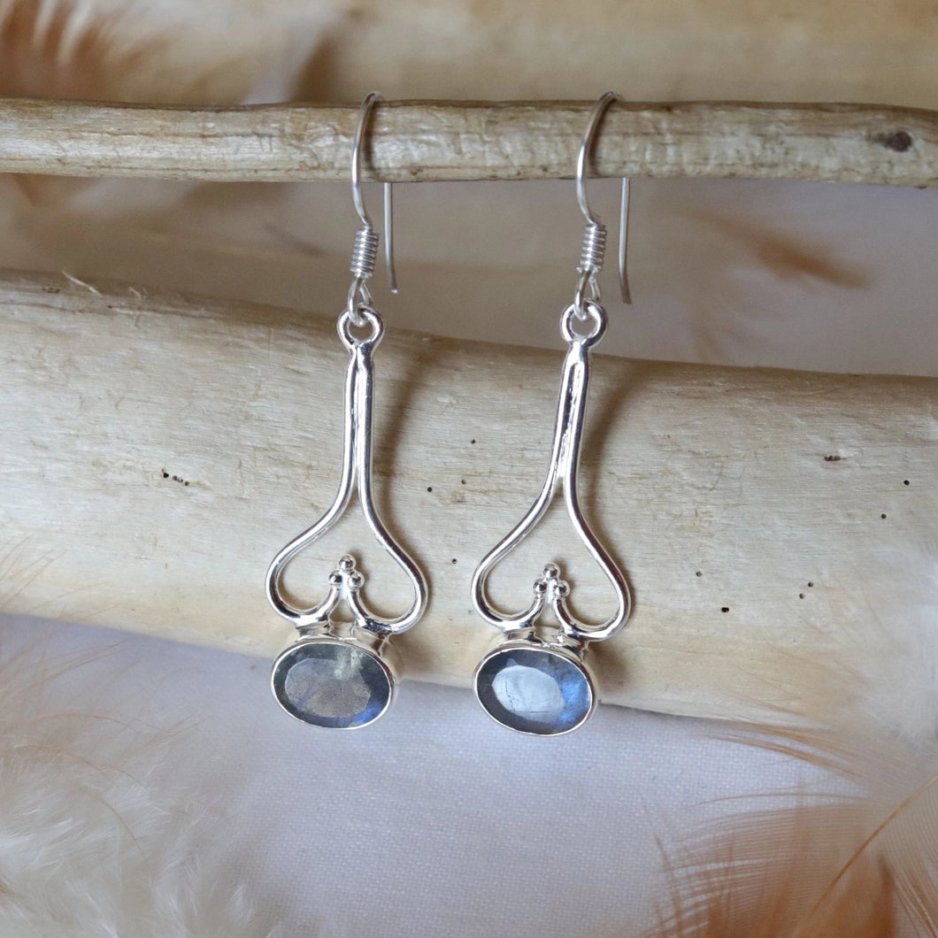 Boucles d'oreilles longues en argent et labradorite - Bijoux Cailloux Bambou