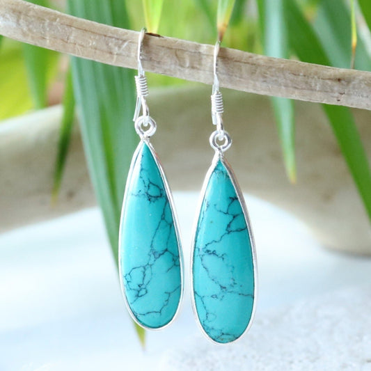 Boucles d'oreilles longues en argent et turquoise - Petite Rainette