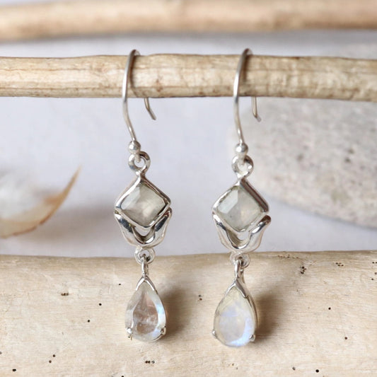 Boucles d'oreilles longues en argent et pierre de lune à facettes