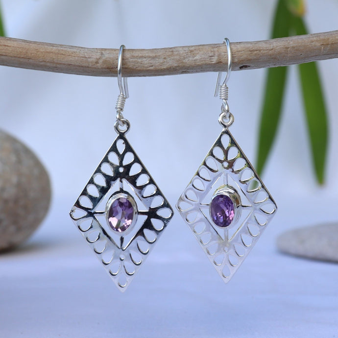 Boucles d'oreilles longues en argent et améthyste - Bijoux Cailloux Bambou