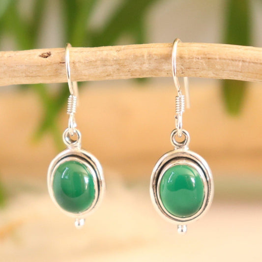 Boucles d'oreilles ovales en argent et onyx vert - Petite Rainette