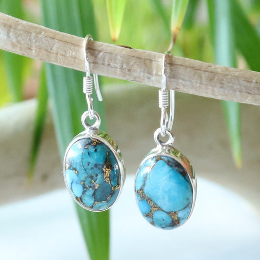 Boucles d'oreilles longues en argent et turquoise à inclusion de cuivre