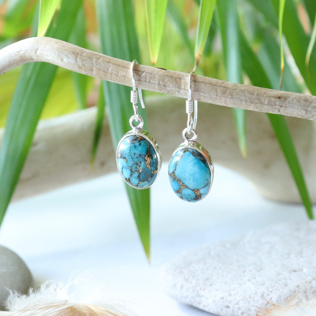 Boucles d'oreilles longues en argent et turquoise - Bijoux Cailloux Bambou