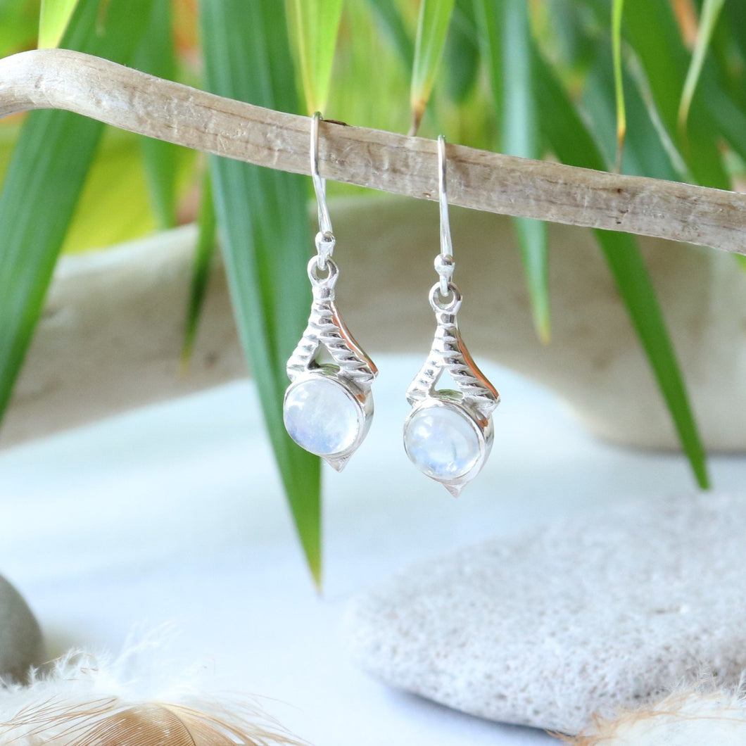 Boucles d'oreilles longues en argent et pierre de lune - Bijoux Cailloux Bambou