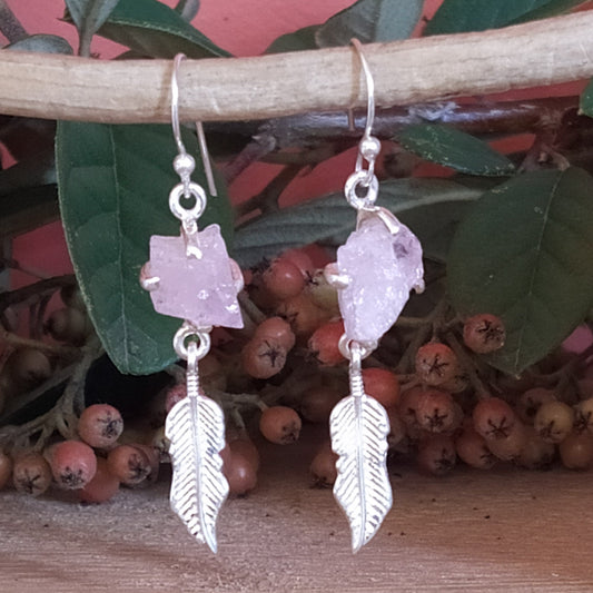 Boucles d'oreilles plume en argent et quartz rose - Petite Rainette