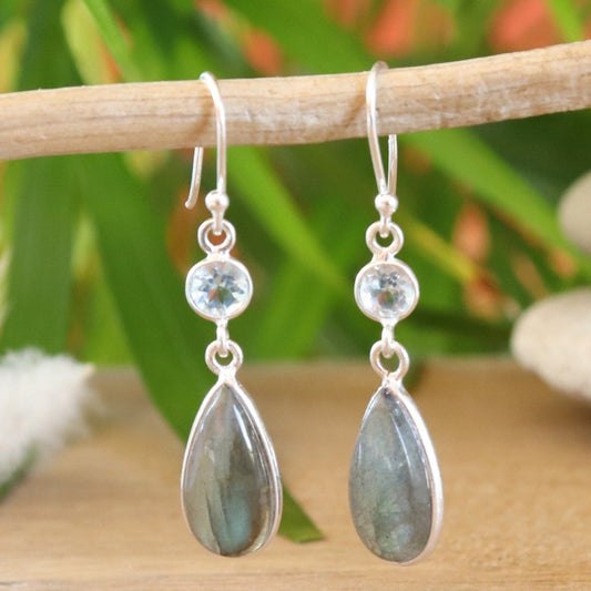 Boucles d'oreilles longues en argent labradorite et topaze - Petite Rainette
