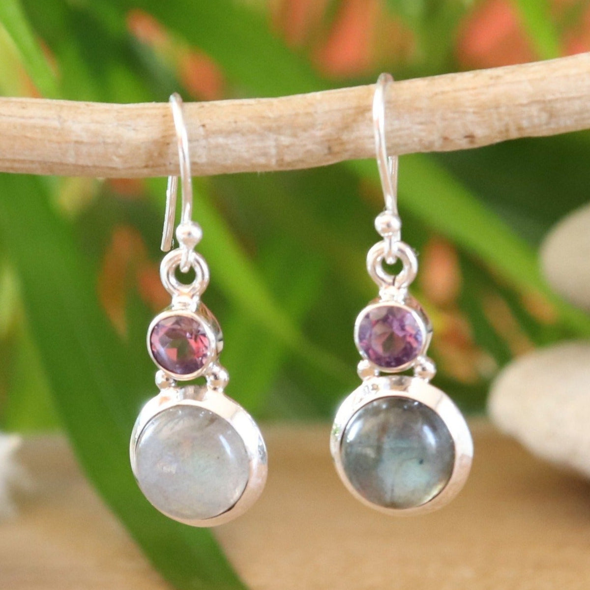 Boucles d'oreilles en argent labradorite et améthyste - Petite Rainette
