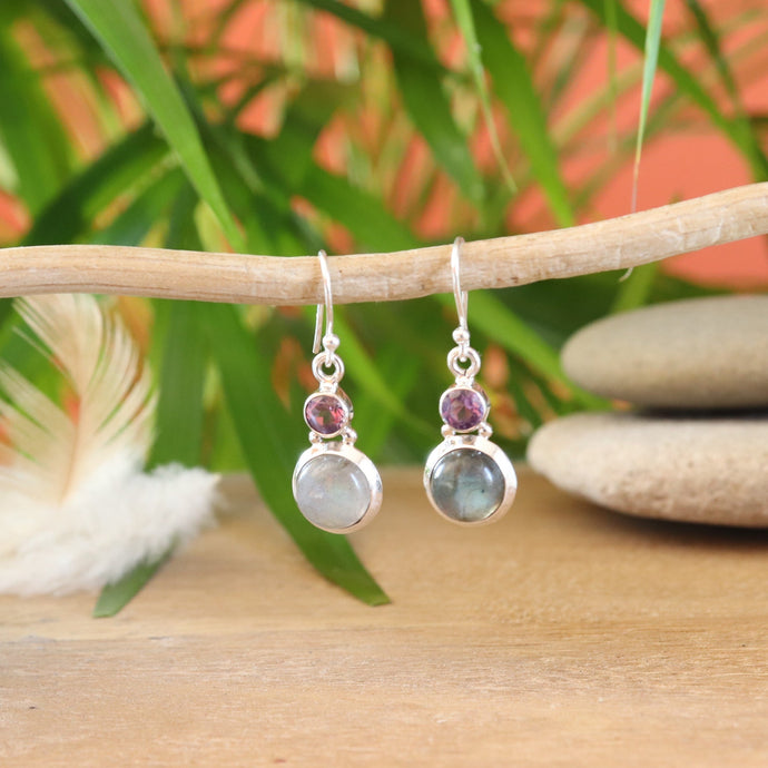 Boucles d'oreilles en argent labradorite et améthyste