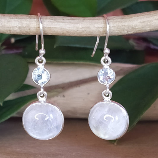 Boucles longues en argent pierre de lune et topaze bleue - Petite Rainette
