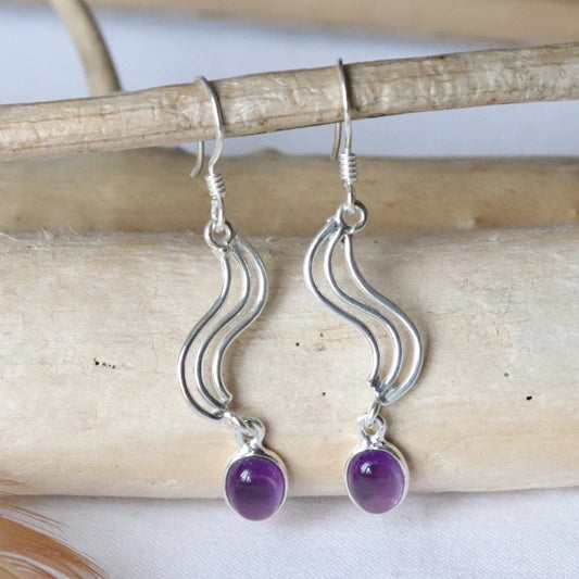 Boucles d'oreilles longues fantaisie en argent et améthyste 