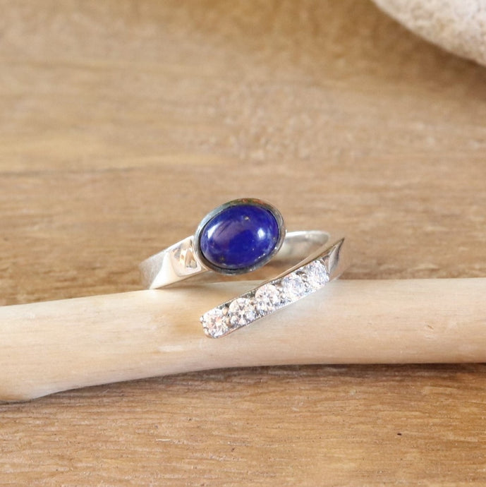 Bague en argent lapis-lazuli et topazes blanches - Petite Rainette