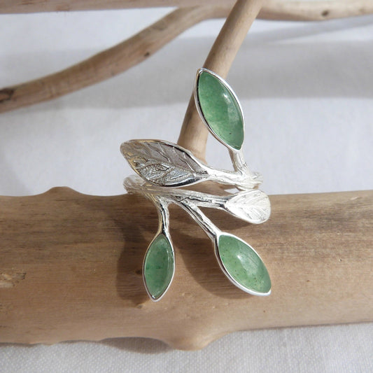 Bague réglable feuille en argent et aventurine 
