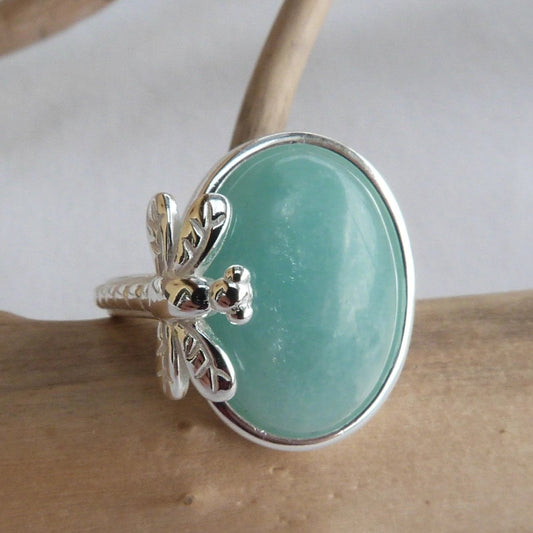 Bague réglable libellule en amazonite 