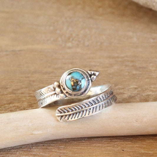 Bague réglable plume en argent et turquoise - Petite Rainette