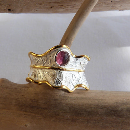 Bague réglable motif feuille  en argent et tourmaline rose