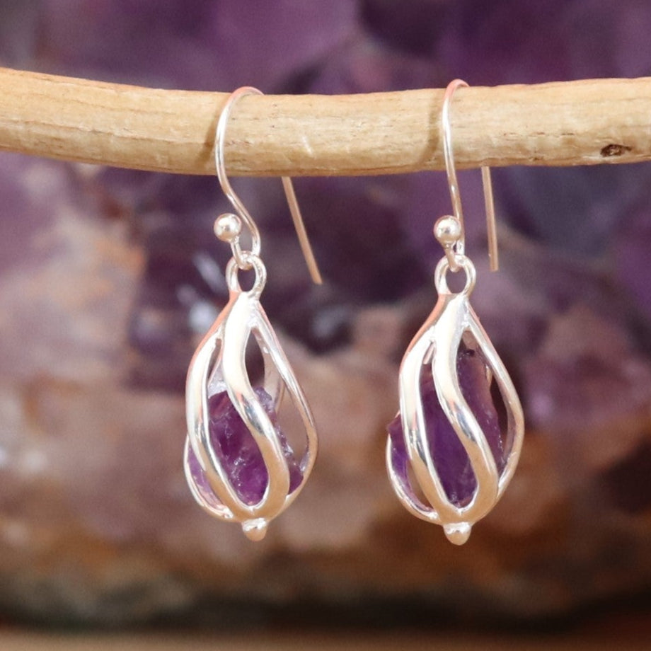 Boucles d'oreilles en argent et améthyste brute