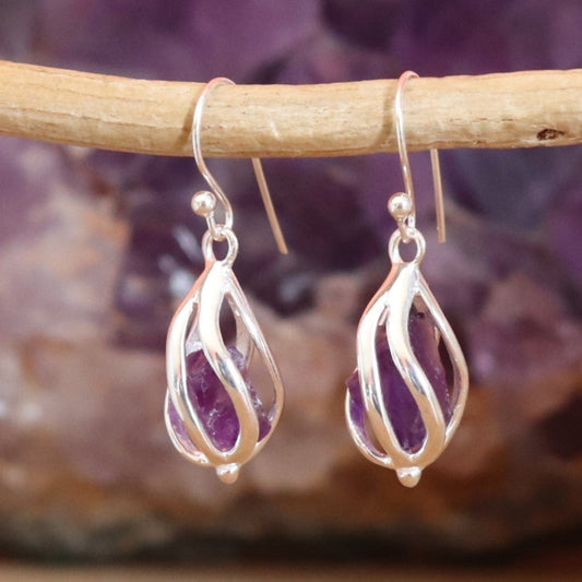 Boucles d'oreilles en argent et améthyste brute