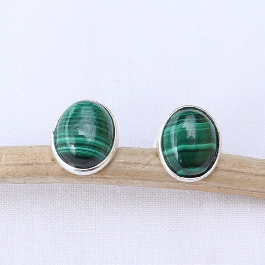 Clous d'oreilles ovales en argent et malachite - Petite Rainette