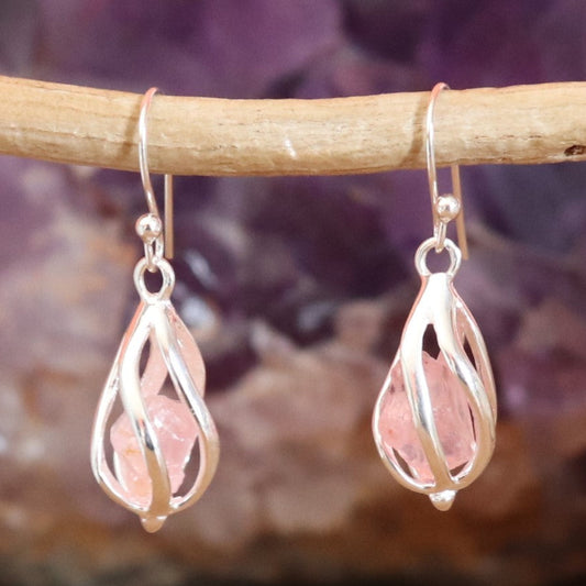 Boucles d'oreilles en argent et quartz rose brut