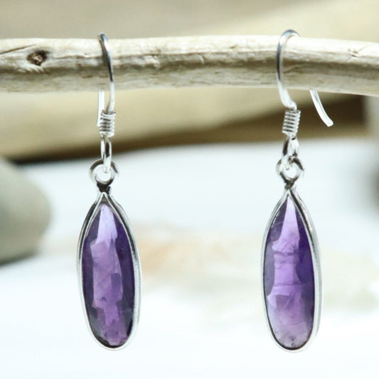Boucles d'oreilles longues en argent et améthyste - Petite Rainette