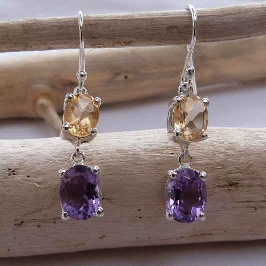 Boucles d'oreilles longues en argent  améthyste et citrine facettées ovales 