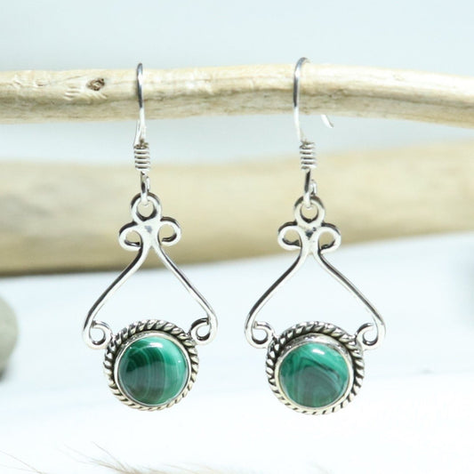 Boucles d'oreilles fantaisie en argent et malachite