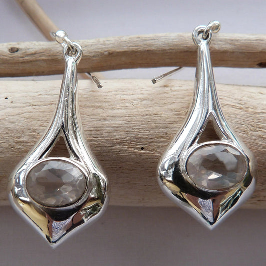 Boucles d'oreilles longues en argent en quartz rose - Petite Rainette