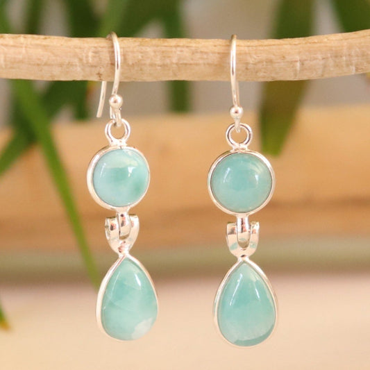 Boucles d'oreilles longues en argent et larimar - Petite Rainette