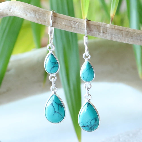 Boucles longues en argent et turquoise - Petite Rainette