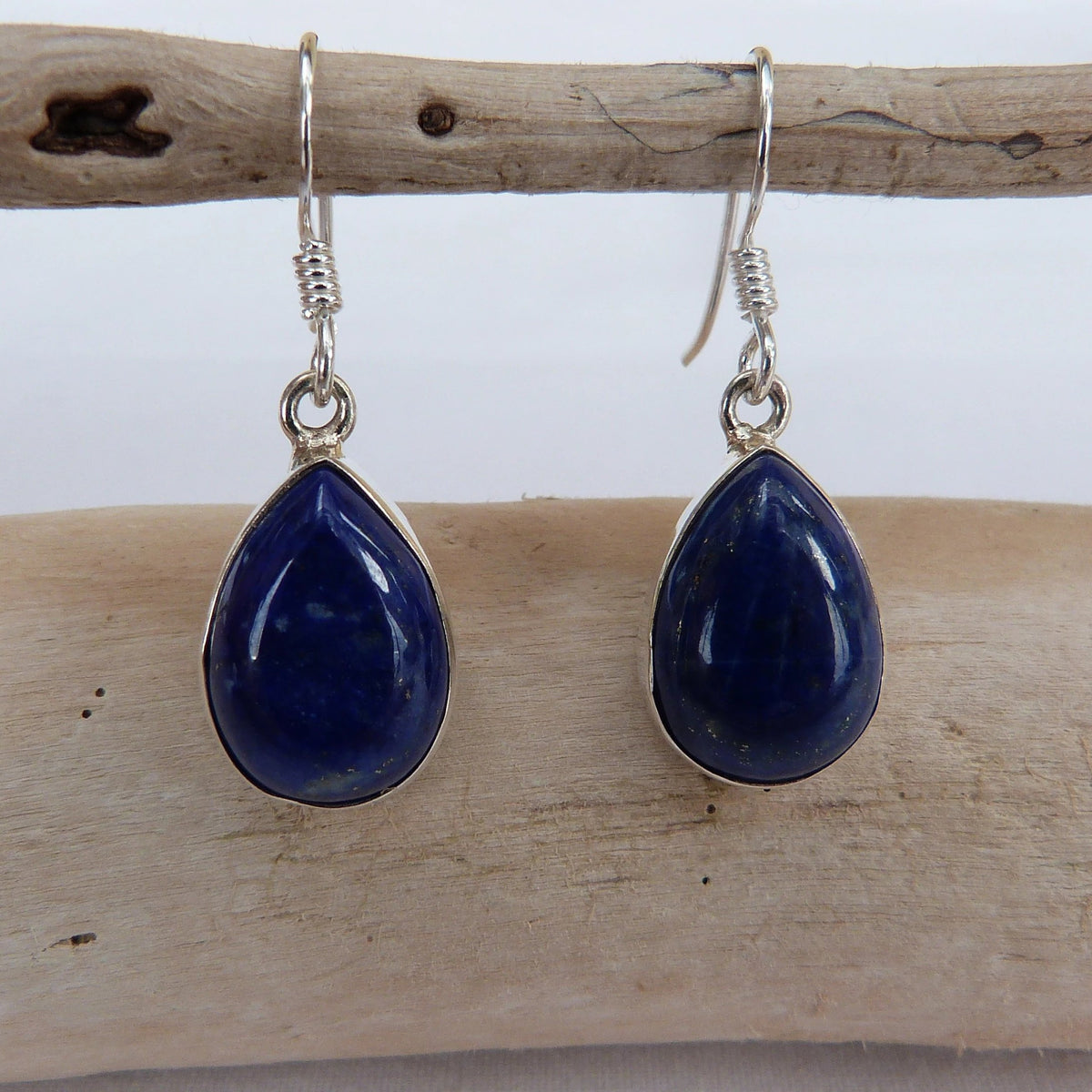Boucles d'oreilles forme poire en argent et lapis-lazuli véritable 