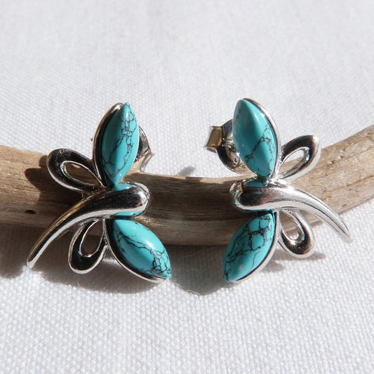 Boucles d'oreilles  libellule en argent et turquoise - Petite Rainette
