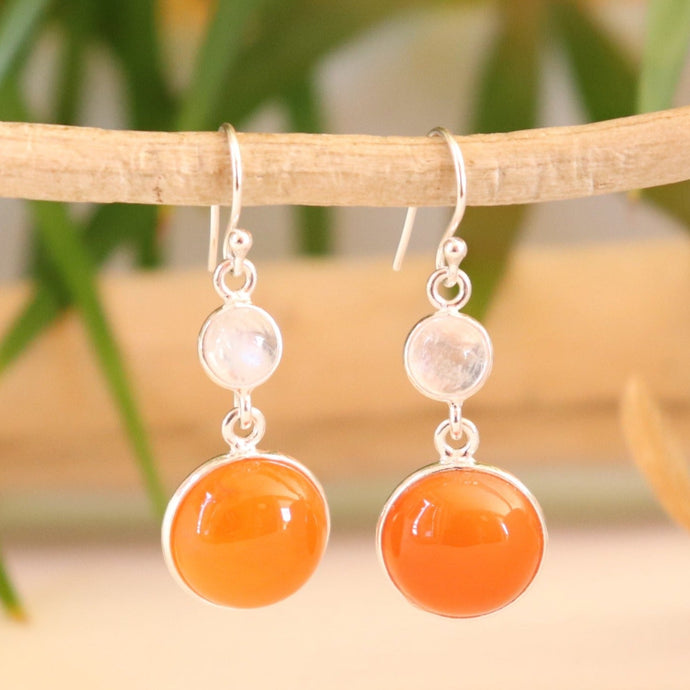 Boucles d'oreilles longues en argent cornaline et pierre de lune - Petite Rainette
