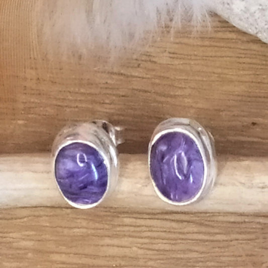 Boucles d'oreilles clous ovales en argent et charoïte