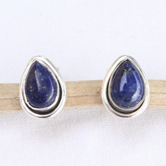 Clous d'oreilles forme poire en argent et lapis lazuli - Petite Rainette