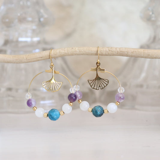 Croéles acier en apatite pierre de lune améthyste et quartz avec breloque feuille de ginkgo
