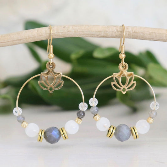 Créoles lotus en acier doré et labradorite - Petite Rainette