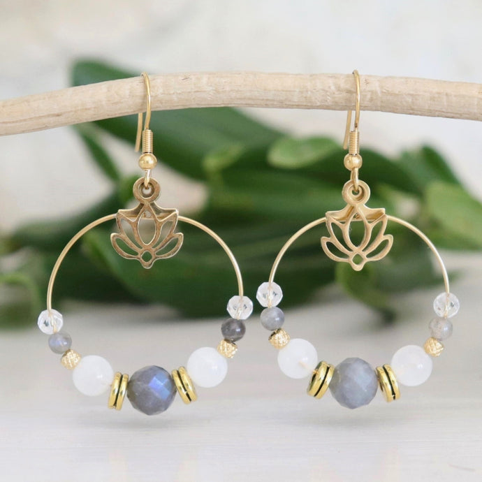 Créoles lotus en acier doré et labradorite - Petite Rainette