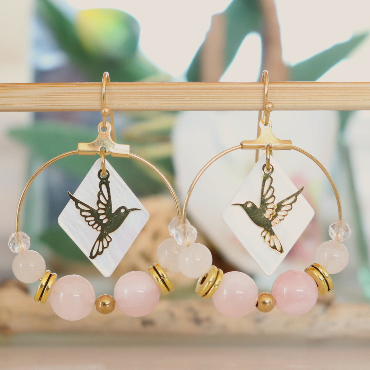 Créoles colibri en acier et quartz rose - Petite Rainette
