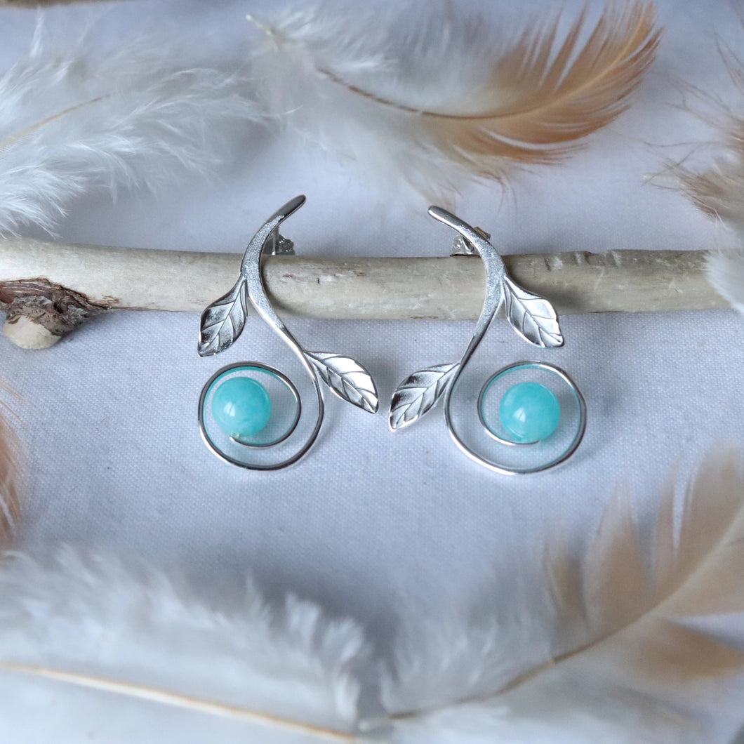 Boucles d'oreilles feuilles en argent et amazonite - Bijoux Cailloux Bambou