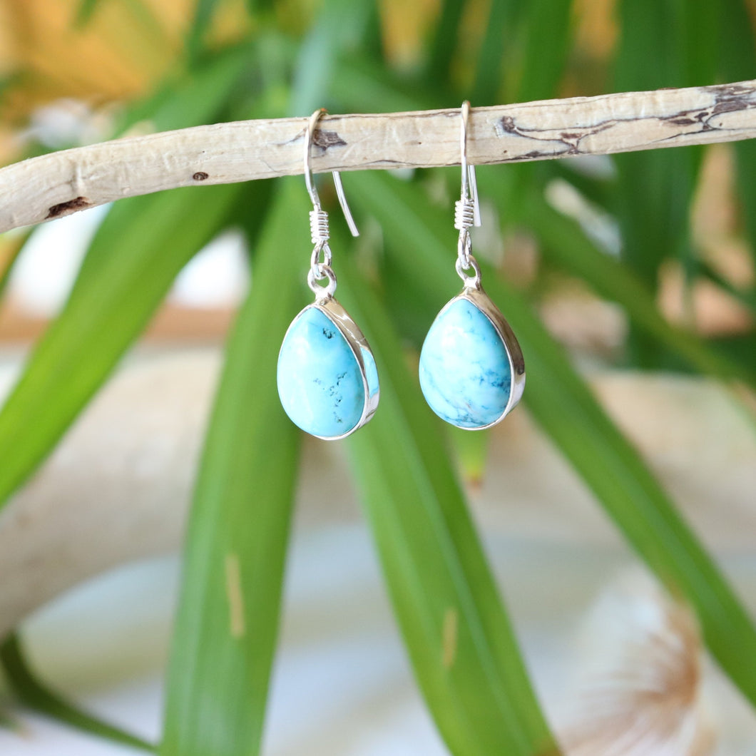 Boucles d'oreilles goutte en argent et turquoise - Bijoux Cailloux Bambou